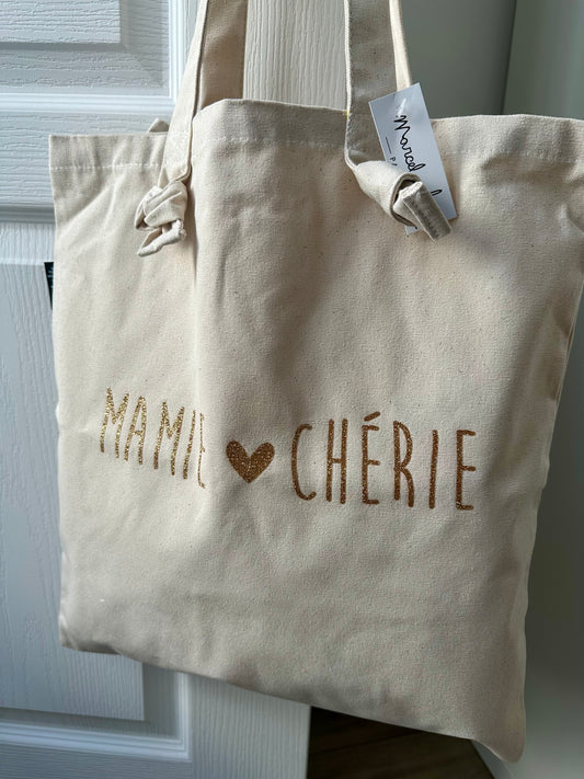 Tote bag à noeuds écru "Mamie chérie"