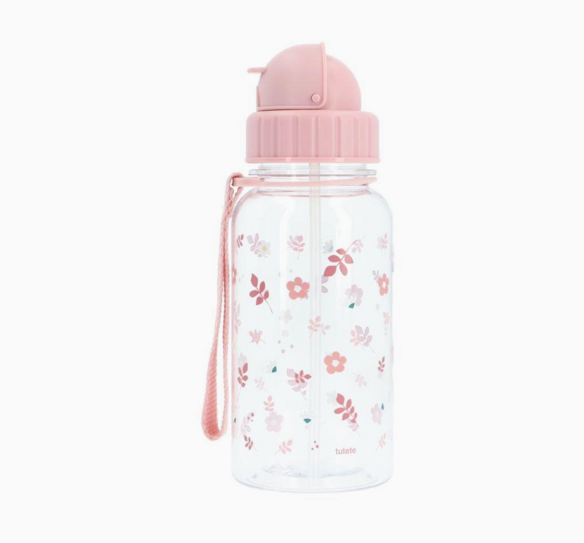 Gourde en plastique avec paille - Feuilles roses