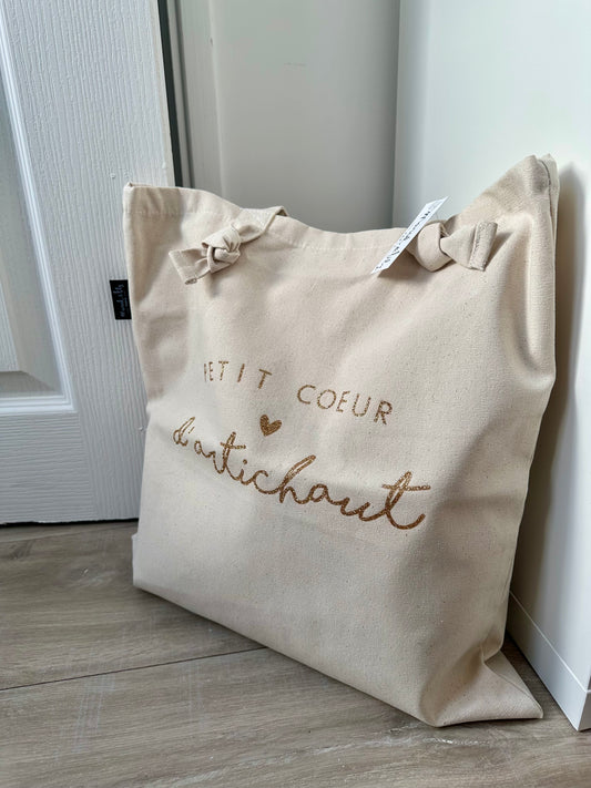 Tote bag à noeuds écru "Petit coeur d'artichaud"