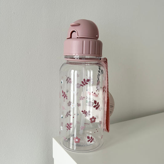 Gourde en plastique avec paille - Feuilles roses