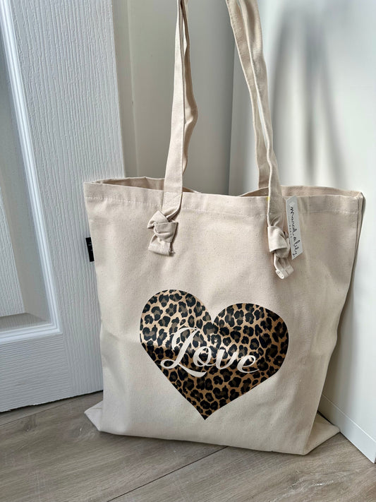Tote bag à noeuds écru "Love" coeur léopard