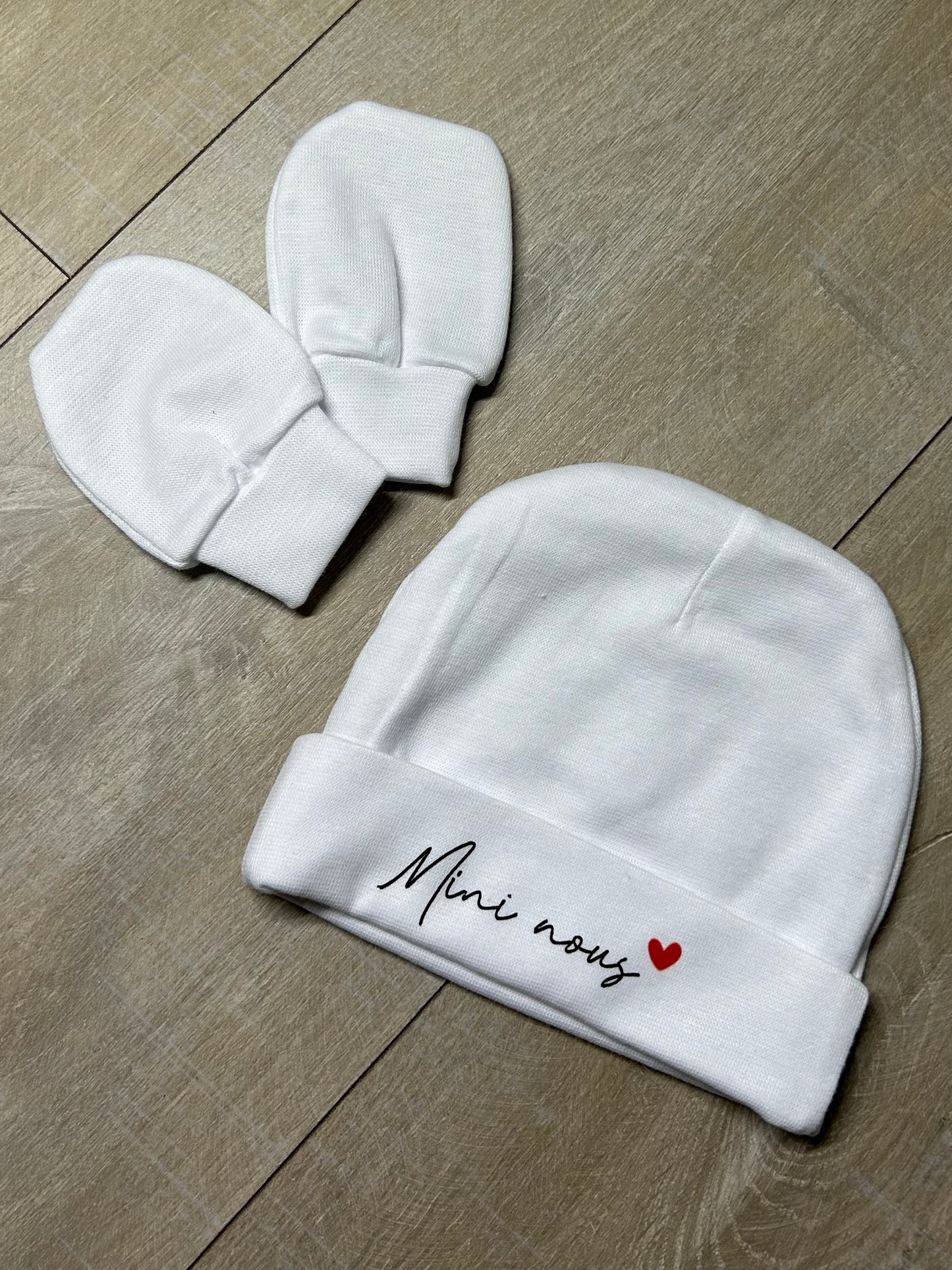Bonnet et moufle naissance "Mini nous"