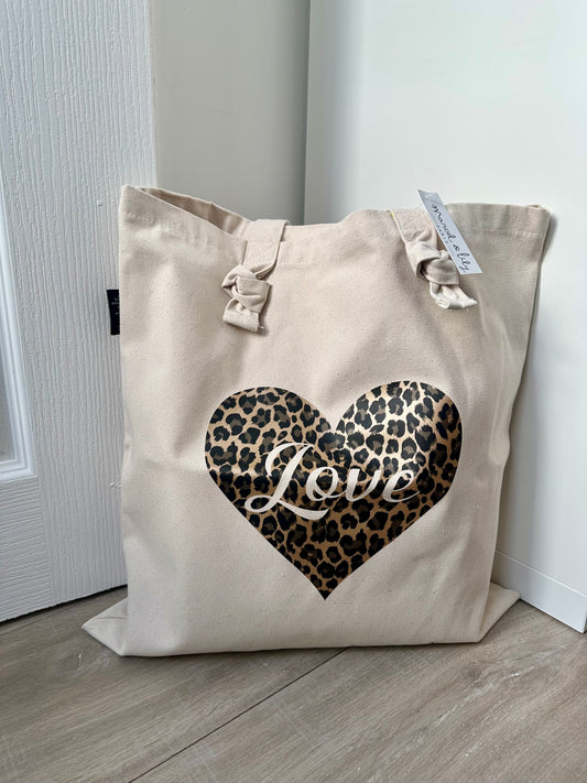 Tote bag à noeuds écru "Love" coeur léopard