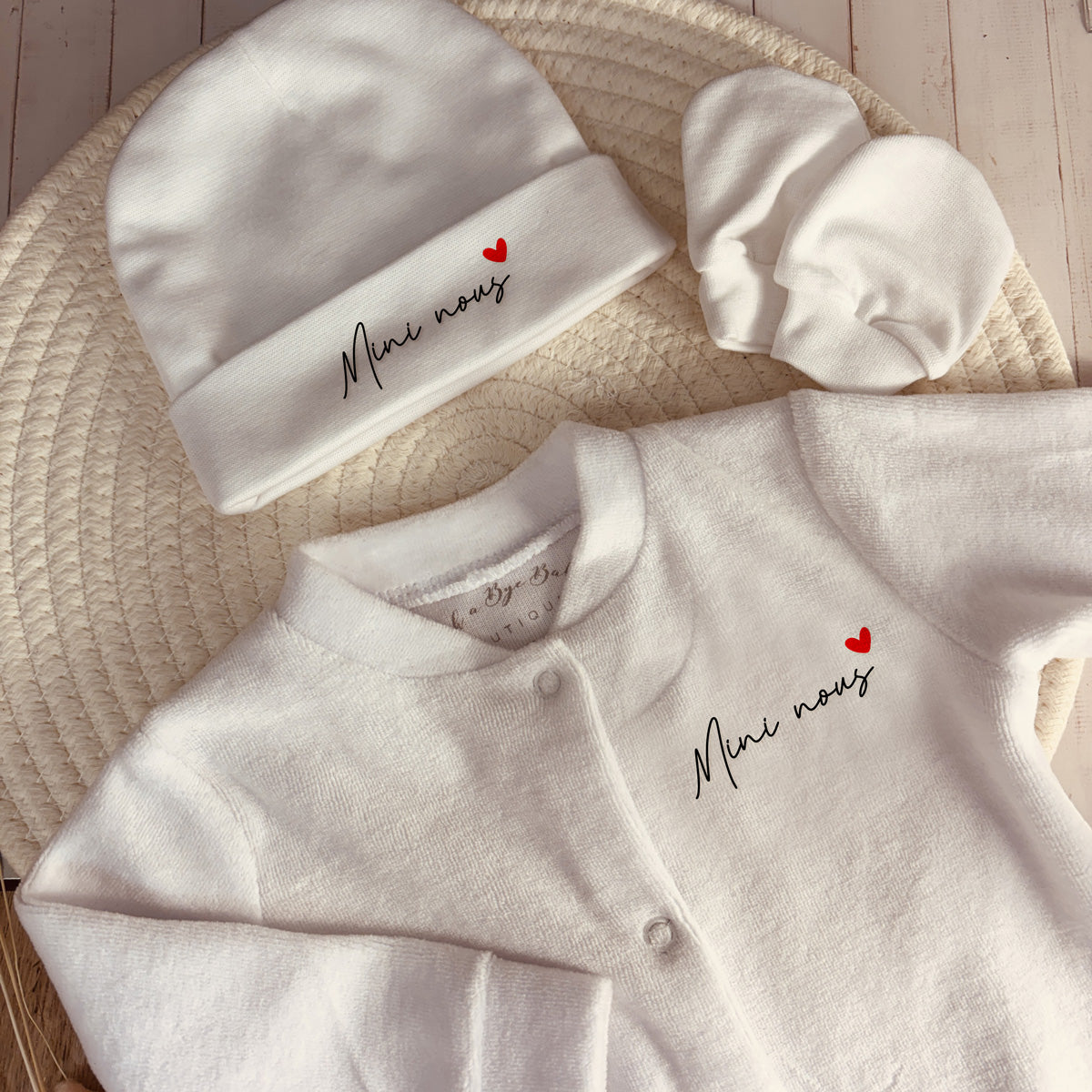 Bonnet et moufle naissance "Mini nous"