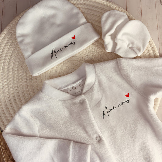 Bonnet et moufle naissance "Mini nous"
