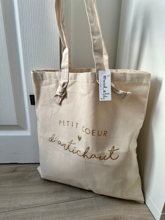 Tote bag à noeuds écru "Petit coeur d'artichaud"