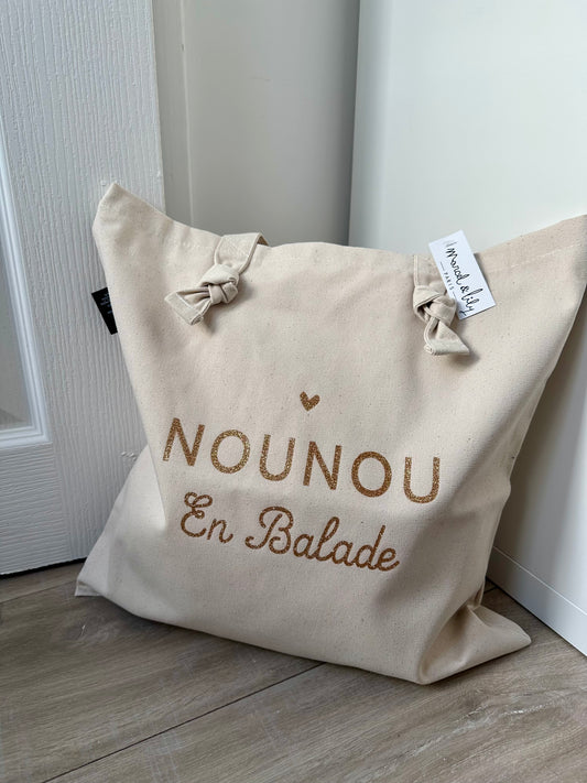 Tote bag à noeuds écru "Nounou en balade"