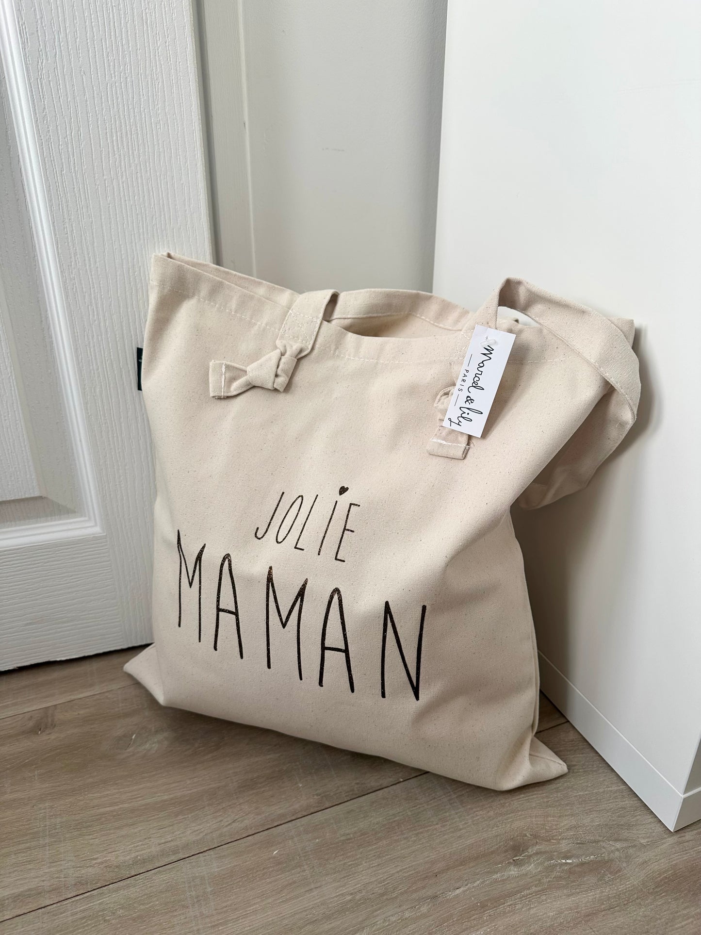 Tote bag à noeuds écru "Jolie Maman"