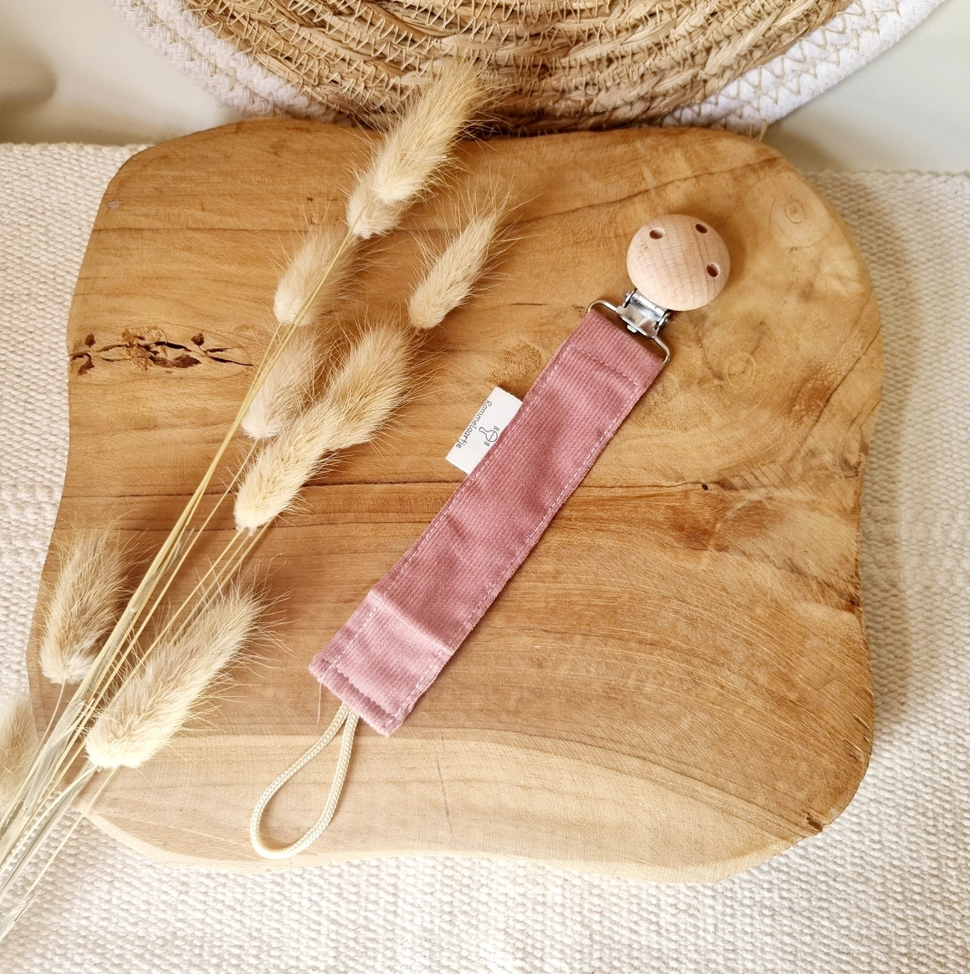 Attache-tétine en velours côtelé - Rose poudré