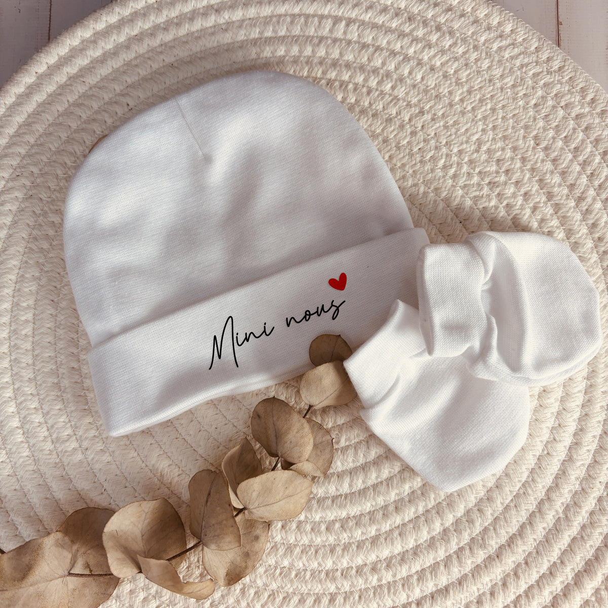 Bonnet et moufle naissance "Mini nous"